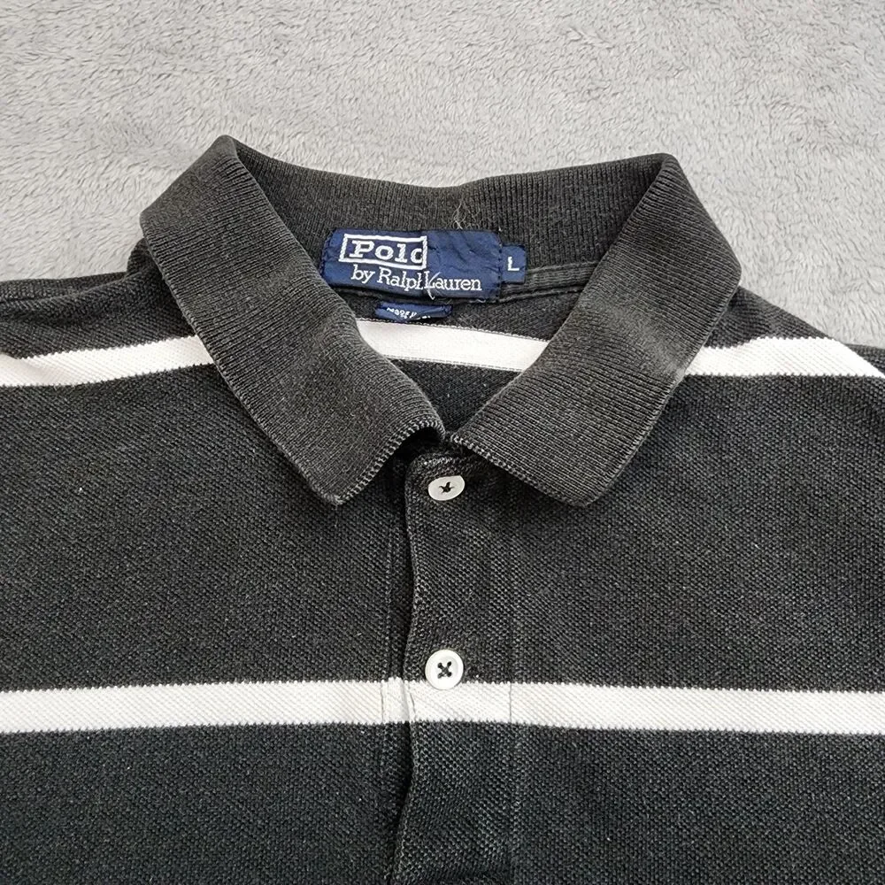 VTG Polo Ralph Lauren Mens Sz L Black & White Stripes 100 Cotton USA Made Pocket